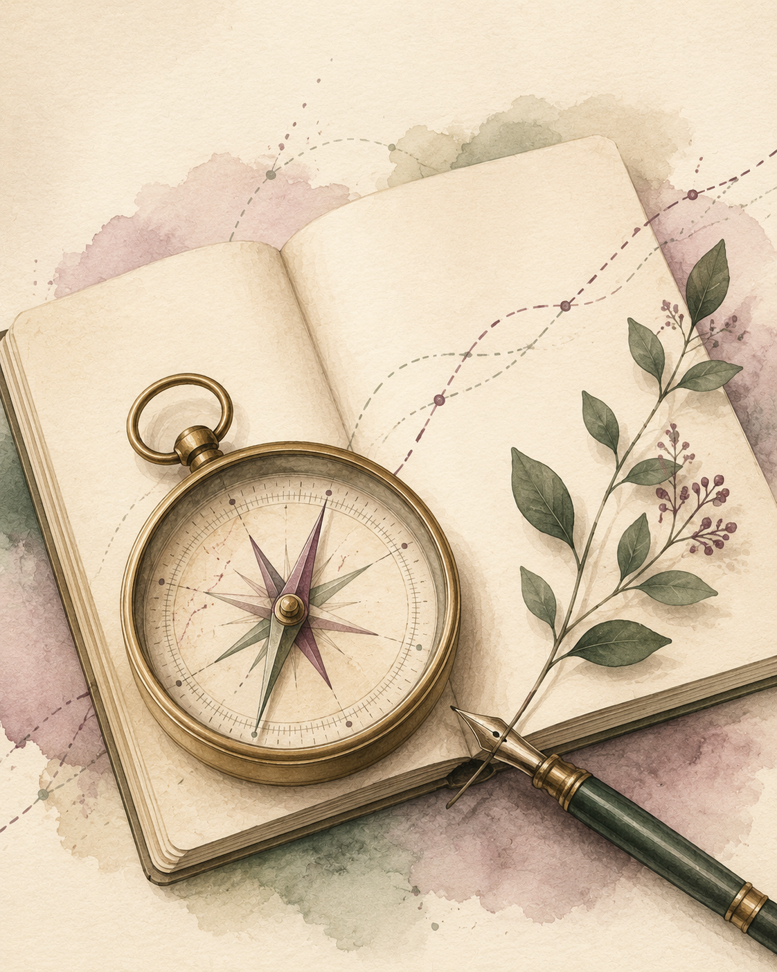 Watercolor illustration of a brass compass resting on an open journal beside a fountain pen and greenery